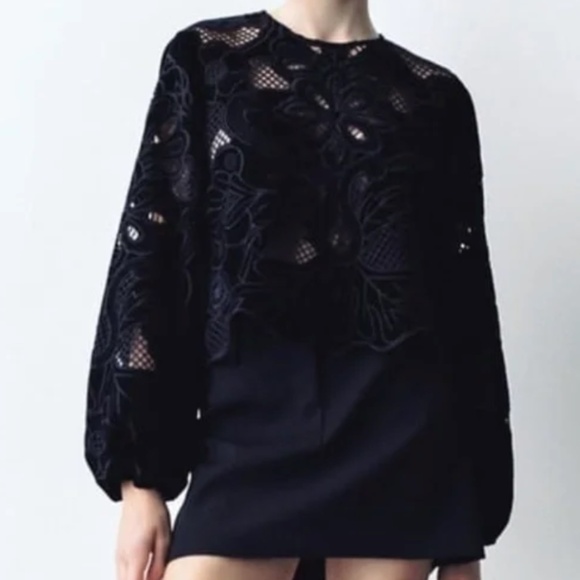 Zara Black Velvet Embroidered Cutout Tulip Hem Blouse Womens L Whimsigoth Boho - Picture 1 of 10